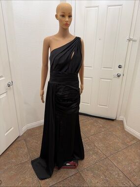 Chicsew Astrid Mermaid 6 One Shoulder Black Draped Side Slit Prom Evening Gown